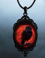 Vintage Inspired Gothic Red Raven Pendant Necklace Black Metal Frame Elegant Black cord Chain Pendant approximately 2.5&rsquo;&rsquo; Chain 16 +2&rsquo;&rsquo;