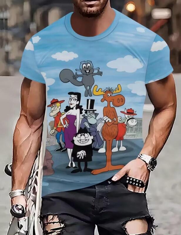 New Size Medium Men's Rocky Bullwinkle and Friends Vintage 3D Print T-Shirt - Classic Bright Blue Streetwear Style, Breathable Round Neck Short Sleeve Tee, Machine Washable 100% Polyester Stock photos added