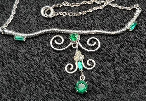 Vintage Bond Boyd 15" Long Stamped Sterling Necklace - Green & Clear Stones