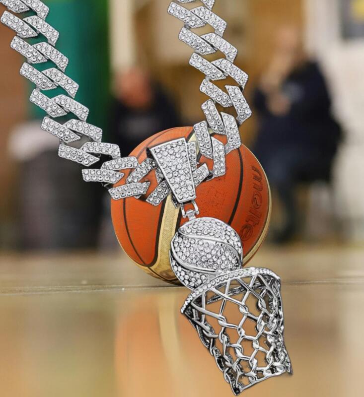 Statement Sport Basketball Hoop Pendant Necklace Iced Out Cuban Wide Link Pendant 3&rsquo;&rsquo; Chain 17.5&rsquo;&rsquo; approximate Field Goal Eye Catching Shot