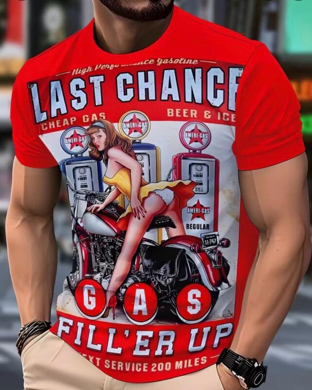 New Size Large Men's Retro "Last Chance Gas" T-Shirt - Vintage Gas Station Design with Red Car & Fuel Pumps Breathable Polyester Blend, Casual Round Neck Machine Wash Stock photos added