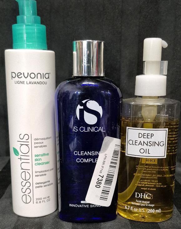[See Desc] 3 Facial Cleansers: Pevonia Essentials Sensitive Skin Cleanser 200mL, iS Clinical Cleansing Complex 180mL & DHC Deep Cleansing Oil 200mL