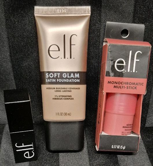 [See Desc] 3 Elf Makeup Products: Soft Glam Satin Foundation 14 Fair Cool 30mL, Monochromatic Multi-Stick 5g & Lip Gloss Power Mauve