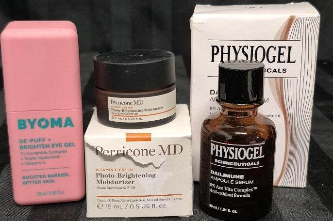 [See Desc] 3 Beauty Products: Byoma De-Puff + Brighten Eye Gel 20mL, Perricone MD Photo-Brightening Moisturizer 15 mL Exp 02/2026 & Physiogel Dailimune Ampole Serum 30 mL Exp 2026/05/01