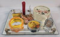 Ladies Vanity Table Mirrored Tray & Accessories . Necklace , Ring, Bangles , Small Frame , Music Box , Compact Mirror , Hibiscus Dusting Powder .