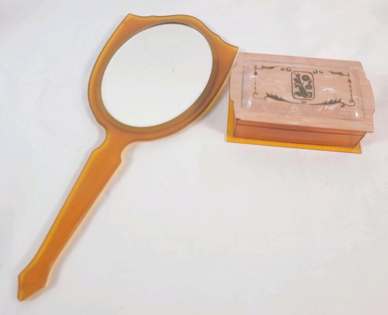Vintage Celluloid Bakelite Vanity Mirror & Vintage Hinged Celluloid Trinket Box .