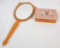 Vintage Celluloid Bakelite Vanity Mirror & Vintage Hinged Celluloid Trinket Box .