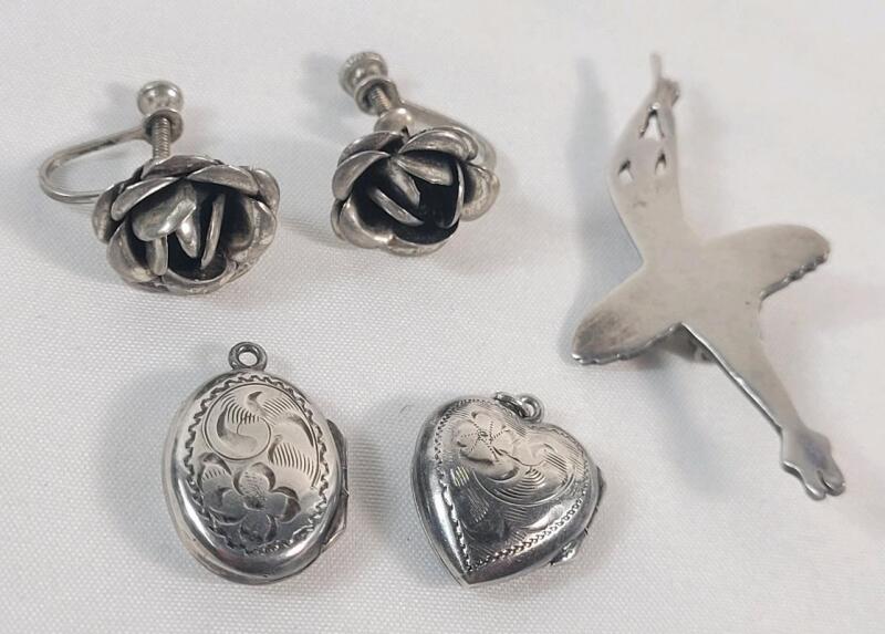 Vintage Sterling Silver Jewelry Lot . Ballerina Brooch , Rose Screwback Earring Set , Heart Pendant Locket & Oval Pendant Locket . See photos for size