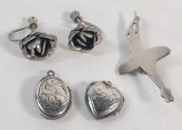 Vintage Sterling Silver Jewelry Lot . Ballerina Brooch , Rose Screwback Earring Set , Heart Pendant Locket & Oval Pendant Locket . See photos for size