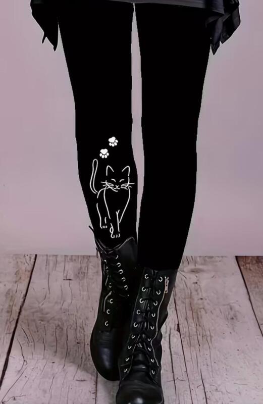 New Ladies Size Large Paw & Cat Print High Waist Leggings, Casual Skinny Leggings 100% Polyester Micro knit Elasticity Machine Wash Stock Photos added