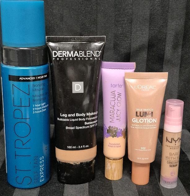 [See Desc] 5 Foundation/Concealer & Bronzer Products : St. Tropez Bronzing Mousse 200mL, Dermablend Leg & Body Makeup Med Golden SPF 26 Exp 10/2026 100mL, Tarte Juicy Glow Foundation Fair Neutral 30mL, L'Oreal Glow Enhancer 902 Light Glow 40mL & NYX Cons