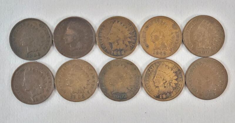 1896 - 1905 USA Indian Head One Cent Pennies . 1896, 1897, 1898, 1899, 1900, 1901, 1902, 1903, 1904, and 1905 . Consecutive Years . Ten (10) Coins .