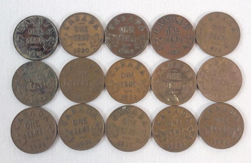 1920 - 1936 Canadian King George V Small One Cent Pennies . 1920 &times;2, 1928, 1929&times;2, 1932 &times;3, 1933 &times;2, 1934, 1935 &times;2, and 1936 &times;2 . Fifteen (15) Coins