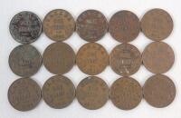 1920 - 1936 Canadian King George V Small One Cent Pennies . 1920 &times;2, 1928, 1929&times;2, 1932 &times;3, 1933 &times;2, 1934, 1935 &times;2, and 1936 &times;2 . Fifteen (15) Coins