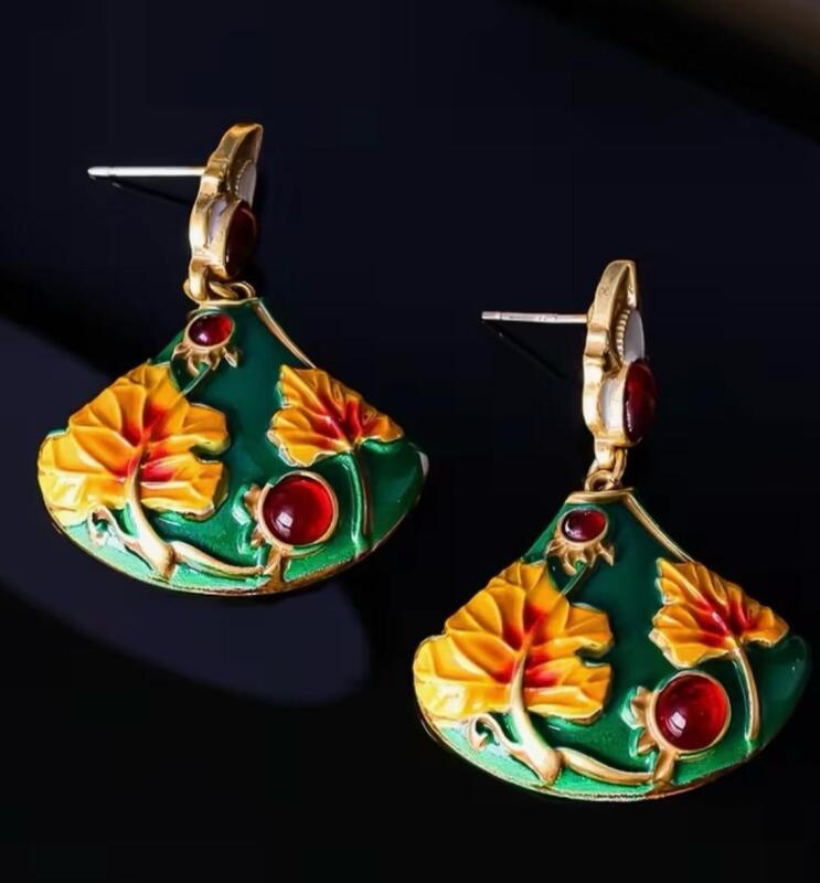 Elegant Retro Ginkgo Leaf Enamel Drop Earrings Beautiful Greens, Orange with Bezel Red Cabs post pierced back 1.75&rsquo;&rsquo; drop approximately