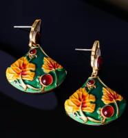 Elegant Retro Ginkgo Leaf Enamel Drop Earrings Beautiful Greens, Orange with Bezel Red Cabs post pierced back 1.75&rsquo;&rsquo; drop approximately