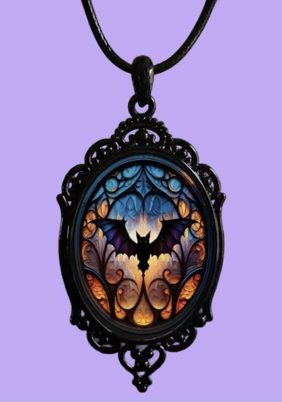 Vintage Inspired Bat Pendant Necklace Black Metal Frame with Orange Moonlight Scene like stained glass Chain black cord 16 +1.25&rsquo;&rsquo; Pendant 2.5&rsquo;&rsquo;