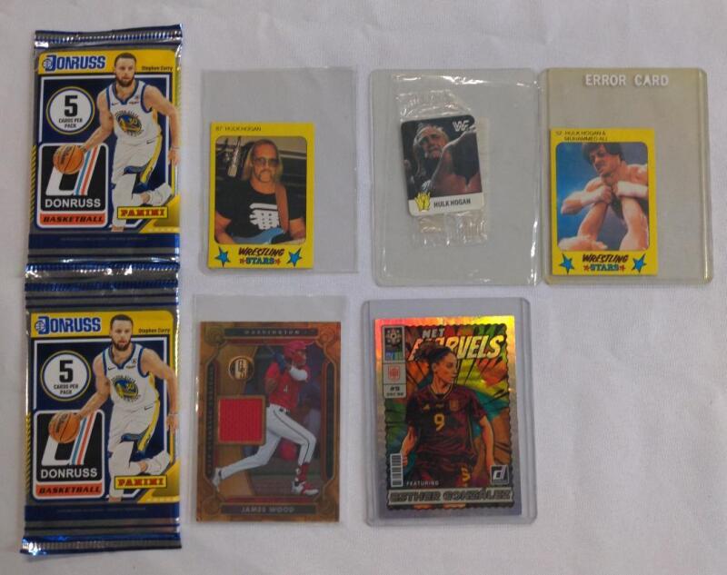 2 New 2024-25 Panini Donruss Basketball card packs, James Wood 2023 Panini Chronicles Gold Standard Baseball Gold Standard Swatches card, 3 Hulk Hogan Wrestling cards, and 1 Net Marvels Esther Gonzalez card