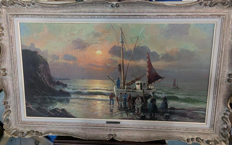 Vintage Framed "Return if the Fisherman" Painting by Peire Godard on Canvas.