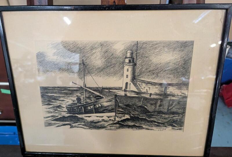 Vintage Framed Ink Drawing. 15.5" by 12" with frame