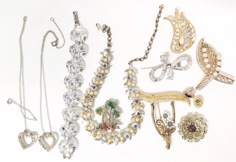 Assorted Vintage Jewelry Missing Stones : Necklaces, Brooches & 1 Pair of Earrings, Incl Signed Roman & CORO