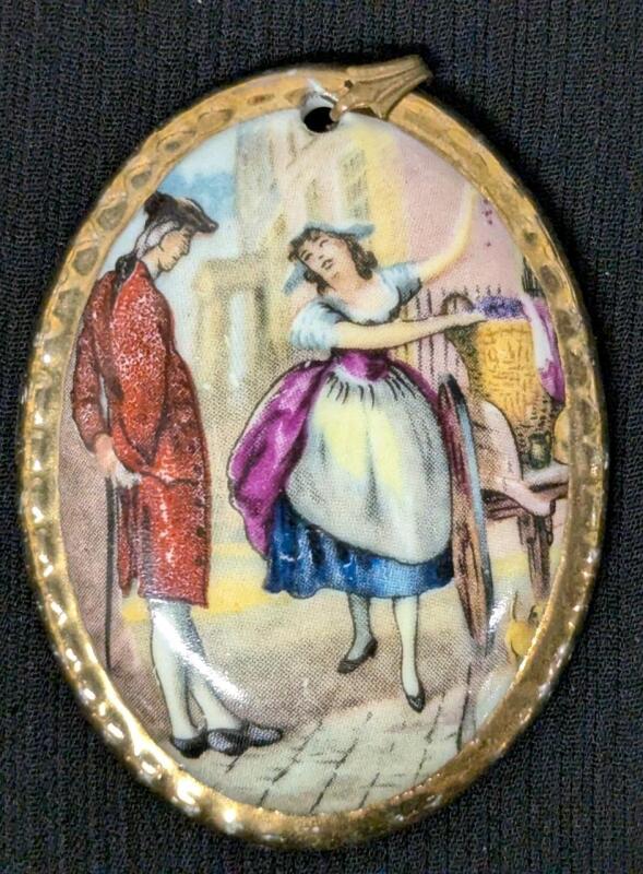 Vintage Signed LADY ELEANOR England Bone China Victorian Courting Scene Brooch with Pendant Loop, 2.15" Long