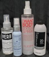 [See Desc] 4 Hair Products: Verb Smooth + Shine Ghost Oil Fine to Medium Hair 120mL, Eleven Texture Spray 200mL, Liquid Glass Smoothing Sealant Fine to Medium Hair 59mL & Zotos 20 Volume Gentle Creme Developer 118mL