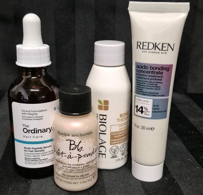 [See Desc] 4 Hair Products: The Original Hair Care Serum 60mL, BB Pret-a-powder 14g, Redkin Acidic Bonding Concentrate 30mL & Biolage Bond Therapy Conditioner 50mL