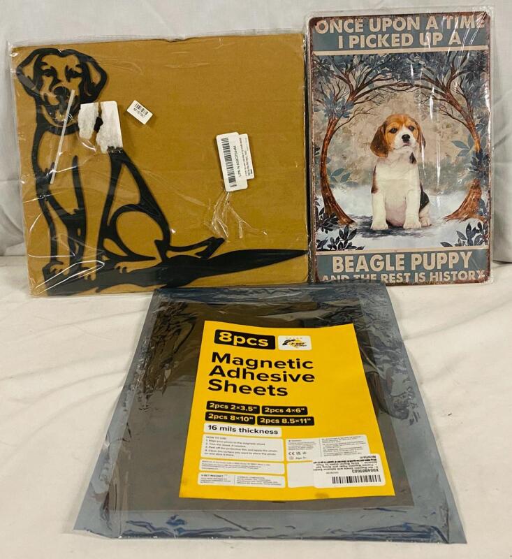 3 Home Decoration Items, Includes Metal Beagle Pup Sign, Metal Dog Silhouette Decoration, and 8pc Magnetic Adhesive Sheet Set for Photos