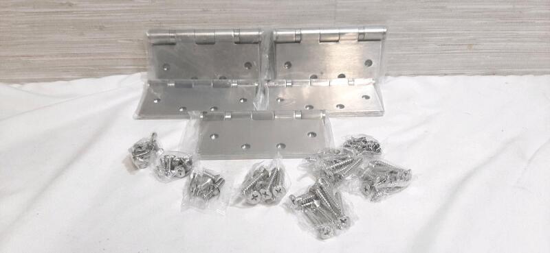 5 New Stainless Steel Door Hinges & 8 Bags of Screws