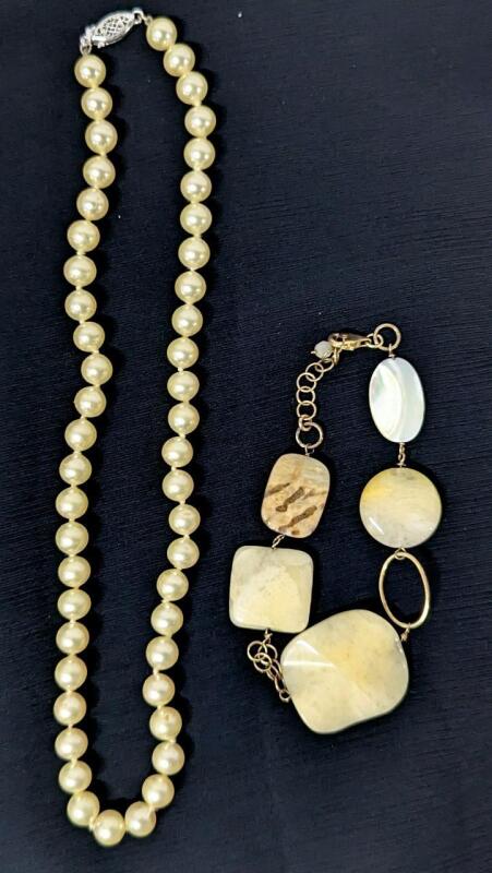 Vinyage Faux Pearl Necklace With 925 Sterling Silver Clasp & Polished Stone + Shell Bracelet, 8" - 16" Long