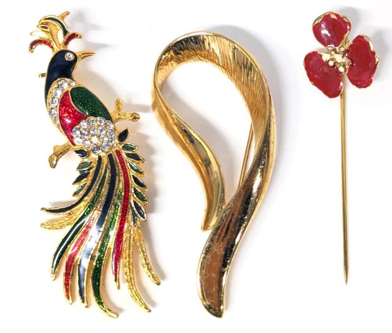 3 Vintage Brooches : Enamel & Rhinestone Bird of Paradise, Loop & Red Enamel Flower Stixk Pin, Up to 2.5" Long