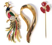 3 Vintage Brooches : Enamel & Rhinestone Bird of Paradise, Loop & Red Enamel Flower Stixk Pin, Up to 2.5" Long