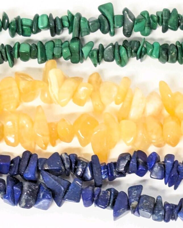 3 Colorful Vintage Polished Semi-Precious Chip Stone Loop Necklaces: Presumed Lapis. Calcite, Malachite, 35" Long