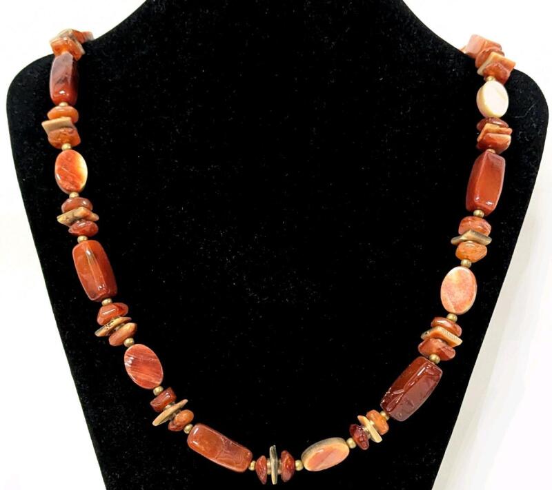 Vintage Presumed Carnelian Mother of Pearl Chunky Loop Necklace + Brass Spacer Beads. 28" Long