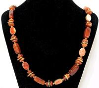 Vintage Presumed Carnelian Mother of Pearl Chunky Loop Necklace + Brass Spacer Beads. 28" Long