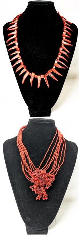 2 Funky Vintage Necklaces: Red Mother of Pearl Spike Tooth Necklace & Multi-Strand Seed Bead + Presumed Coral Chip Necklace, Up to 20" Long