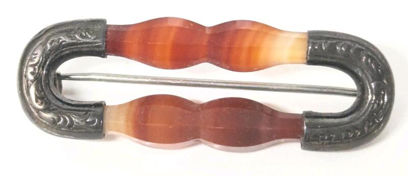 Very Old (Poss. Victorian) Carved Carnelian Agate Stone Sterling Silver Capped Scottish Kilt Pin, 1.75" Across, Unmarked Sterling, Polishes Beautifully