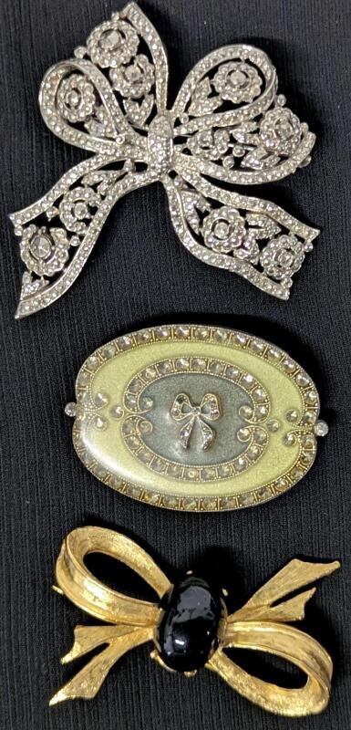 3 Vintage Bow Brooches, Up to 2.25" Across, Oval Brooch UV Reavtive, Non-Magnetic