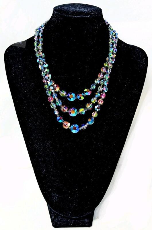 Lovely Vintage AB Aurora Borealis Wash Bead Triple-Strand Box Clasp Necklace. 17" Long