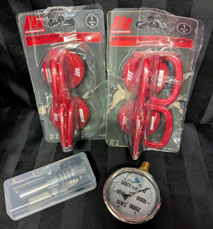 4 Assorted Car/Machinery Tools, Includes 4 Dent Repair Suction Cups, Pressure Gauge, and Ativere Grease Gun Coupler