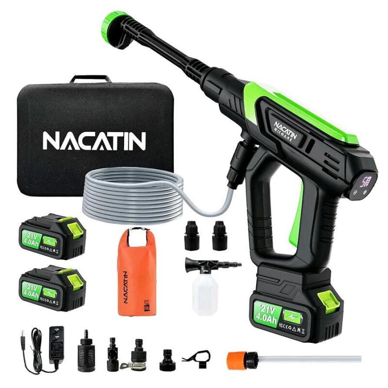 New - Nacatin 1000psi Cordless Pressure Washer w/Two (2) Batteries . 21V 4.0Ah Battery-Powered Brushless Motor Power Washer w/6-in-1 Nozzle, 5 Gear Pressure, Tap Adapter for Car Washing, Patio, Fence, Driveway, Outdoor Cleaning . Retail $160