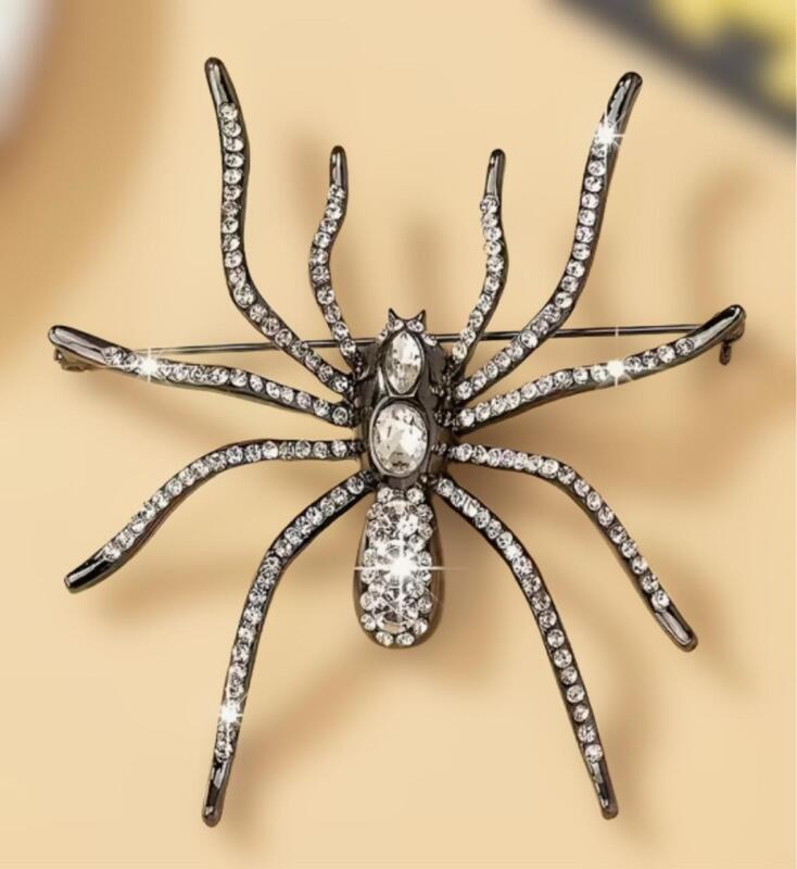Vintage Inspired Black Spider Brooch With Sparkling Rhinestone Accents Gun Metal Back Approximately 3.4 x 3 Inch