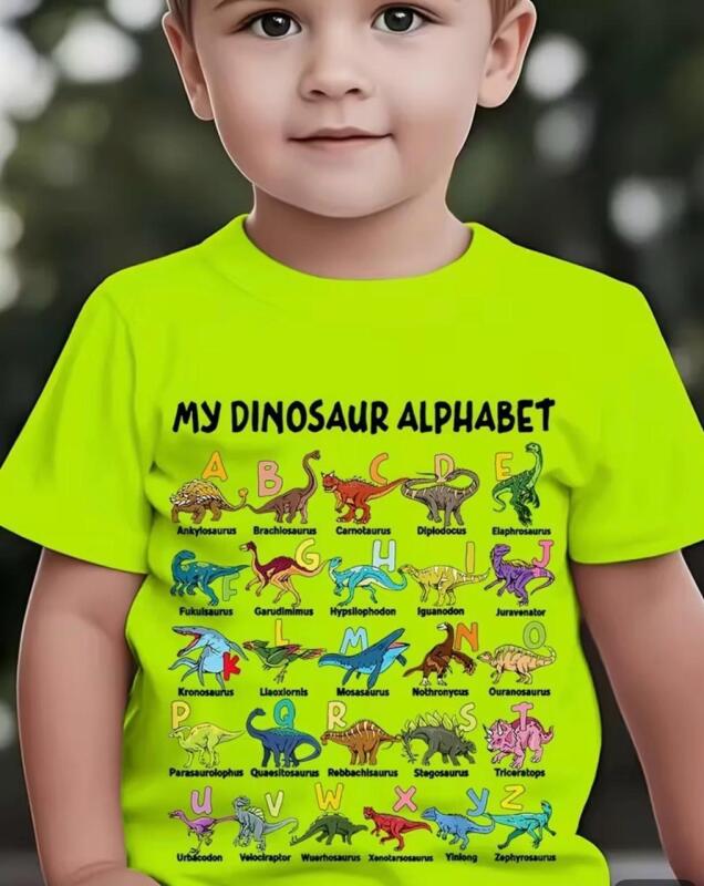 New Size 5-6Y "My Dinosaur Alphabet&rsquo;&rsquo; Colorful Dinosaur Print Boys' Short Sleeve Letter Print Casual T-Shirt | Regular Fit Round Neck Reflective Stock photos added 100% Polyester