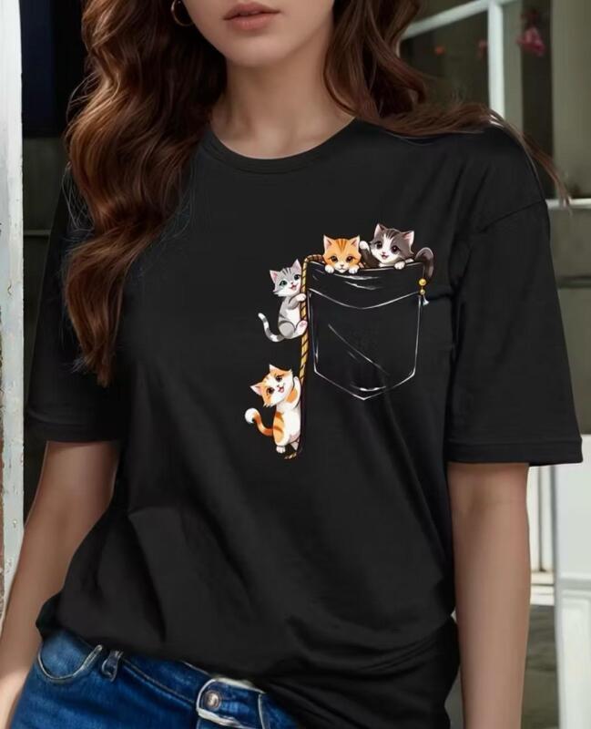New Size XXL Pocket Cat Print Women&rsquo;s Short Sleeve Round Neck Pocket Cute Pocket Cat Pattern Sweat Absorbent, Breathable 92% Polyester 8% Elastane Machine Wash stock photos added