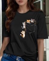 New Size XXL Pocket Cat Print Women&rsquo;s Short Sleeve Round Neck Pocket Cute Pocket Cat Pattern Sweat Absorbent, Breathable 92% Polyester 8% Elastane Machine Wash stock photos added