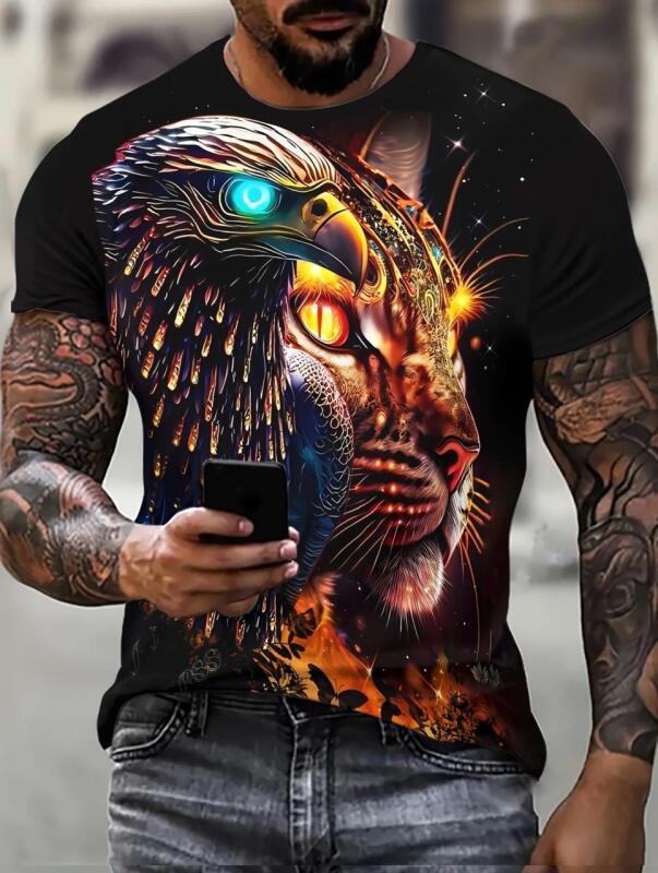 New Men's Size XXL Vibrant 3D Bold Lion Animal Print T-Shirt - Short Sleeve Casual Top with Striking Lion Design, Soft Polyester Blend, Round Neck, Regular Fit, Polyester Blend Stock photos added