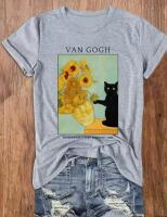 New Size Large Women's Van Gogh Sunflower Cat Art Print T-Shirt - Soft Round Neck Casual Tee with Mid-Stretch Fabric Machine Washable Stock photo added light Grey