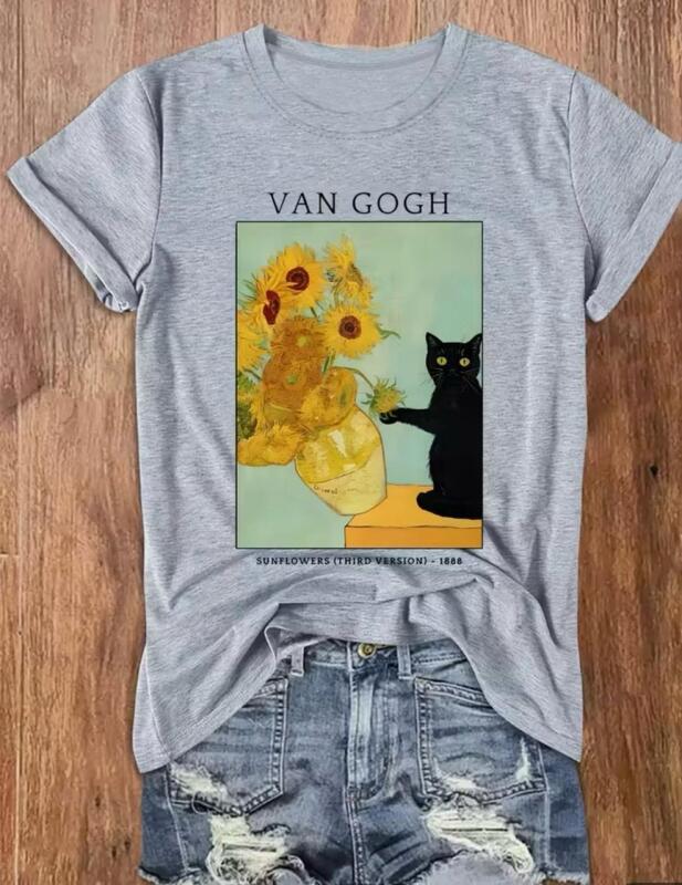 New XXL Women's Van Gogh Sunflower Cat Art Print T-Shirt - Soft Round Neck Casual Tee with Mid-Stretch Fabric Machine Washable Stock photo added light Grey