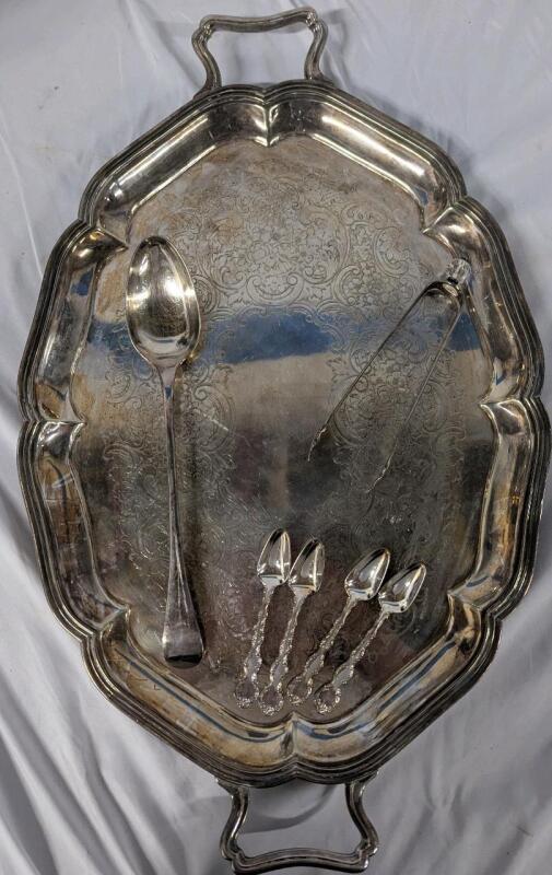 Vintage Silver Plate lot. 7 Pieces. Tray measures 25" Wide with Handels
